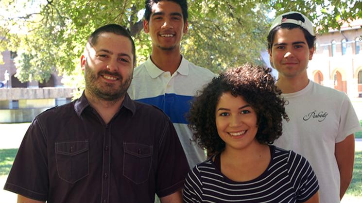 Leo Elworth, (left) Travis Benedict, Chabrielle Allen, and Peter Dulworth work on visualizing genome data