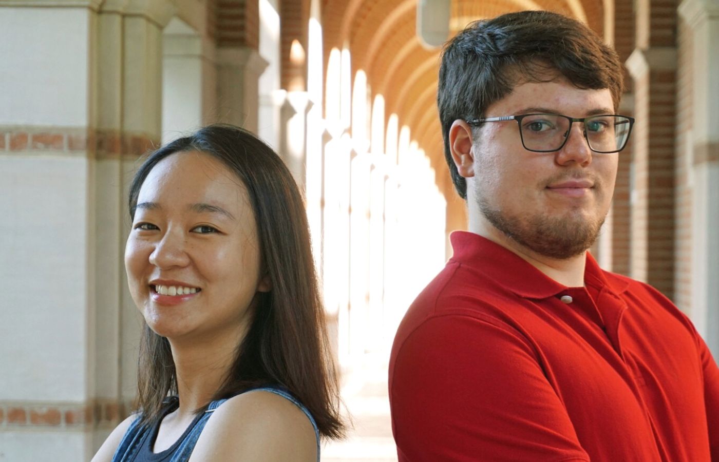 Researchers Anderson and Liu stand outside on the Rice University campus