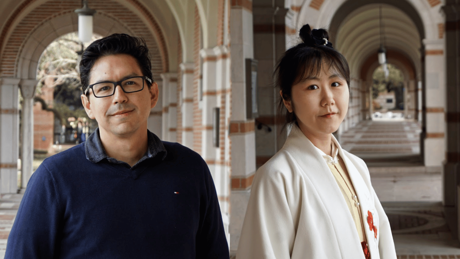 A photo of a man in navy sweater next to a photo of a woman in white standing outside on Rice University campus