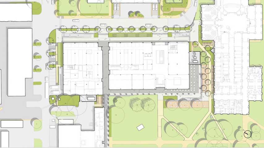 An early site plan shows how a new science and engineering building will be situated in the space currently occupied by the Abercrombie Engineering Laboratory. Courtesy of SOM